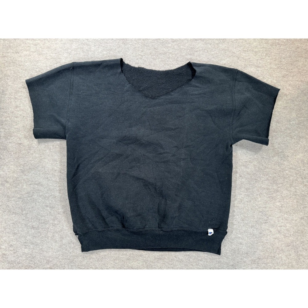 Vtg Russell Athletic Cutoff Sweatshirt Womens Black Patch Logo Knit Short Sleeve